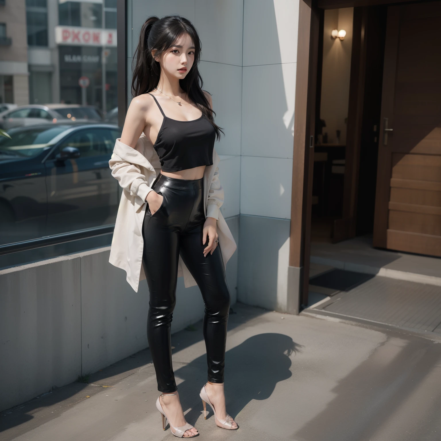 A digital illustration in anime style of a girl standing straight. She has long black hair styled in a ponytail and blue eyes. She is wearing a satin blouse, a black leather leggings, black high heels, and a delicate necklace. The girl should be looking directly at the camera, with her full body visible, including her high heels. The illustration should be ultra-realistic and high resolution (8K), with a clear and sharp depiction. The image should capture the girl's dynamic pose and stylish outfit, with an exquisite and beautifully detailed presentation.