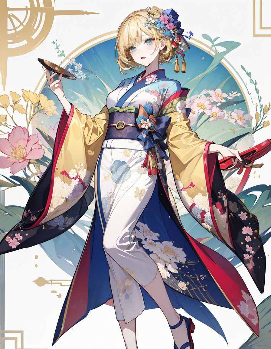 A woman wearing a kimono,Ultra-precision,4K,official,color々Hair style,Blonde,color々Expression,color々A pose,color々Angle,dynamic,Draw the whole body,Wearing zori shoes,Mucha-style decorative frame,Floral background,Big Breasts