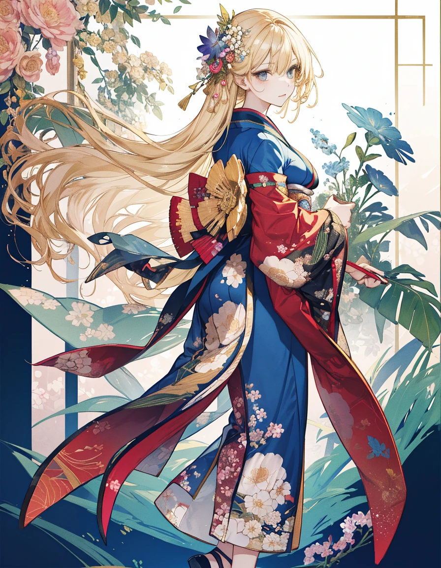 A woman wearing a kimono,Ultra-precision,4K,official,color々Hair style,Blonde,color々Expression,color々A pose,color々Angle,dynamic,Draw the whole body,Wearing zori shoes,Mucha-style decorative frame,Floral background,Big Breasts