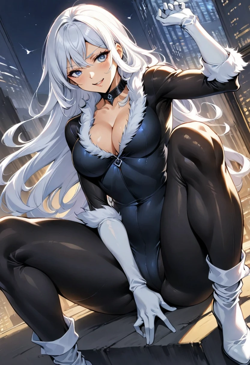 (high quality, 4K, high contrast, artwork:1.2), best aesthetics, (dynamic angle), BREAK ((1 woman)), a white hair woman in a ((black bodysuit)) and small mask, long wavy white hair, blue eyes, BREAK erotic, sensual, mature body, super detailed, highly detailed face, highly detailed eyes, highly detailed mouth, BREAK sexy body, perfect breasts, medium breasts, perfect wide thighs, cleavage, BREAK white gloves, white fur details around the neckline and gloves, sensual facial expression, BREAK action poses, dynamic poses, New York City rooftop, sitting, legs crossed, dimly lit, midnight.