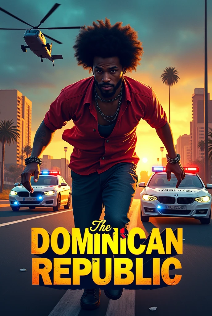 A LOGO THAT SAYS IN FRONT THE DOMINICAN REPUBLIC IN YELLOW AND LIGHT AND SHINE AND A MAN WITH AN AFRO AND A DISMISSED CHAIN AND 2 PATROL CARS WITH THE DOMINICAN FLAG AND A HELICOPTER CHASING THE MAN