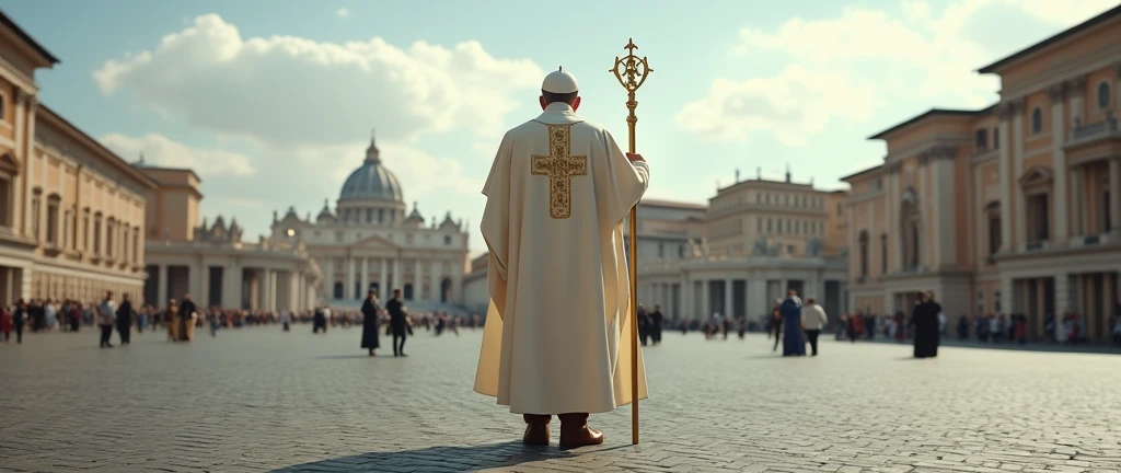The camera is on the ground and the focal point of the image is the back view of Pope's wearing a rustic laceless, brown, high-top leather boots, typical of field workers. The Pope wears a white tunic decorated with papal insignia, a cloak and a long golden papal scepter with a cross on the top next to him . The background is a panoramic view of St. Peter's Square in the Vatican, crowded with tourists. The scene captures the moment of religious significance and the historical and artistic richness of St. Peter's Square. Ultrarealistic Ultrarealistic photo, 16k, ultra high resolution, photorealistic, Ultra HD.