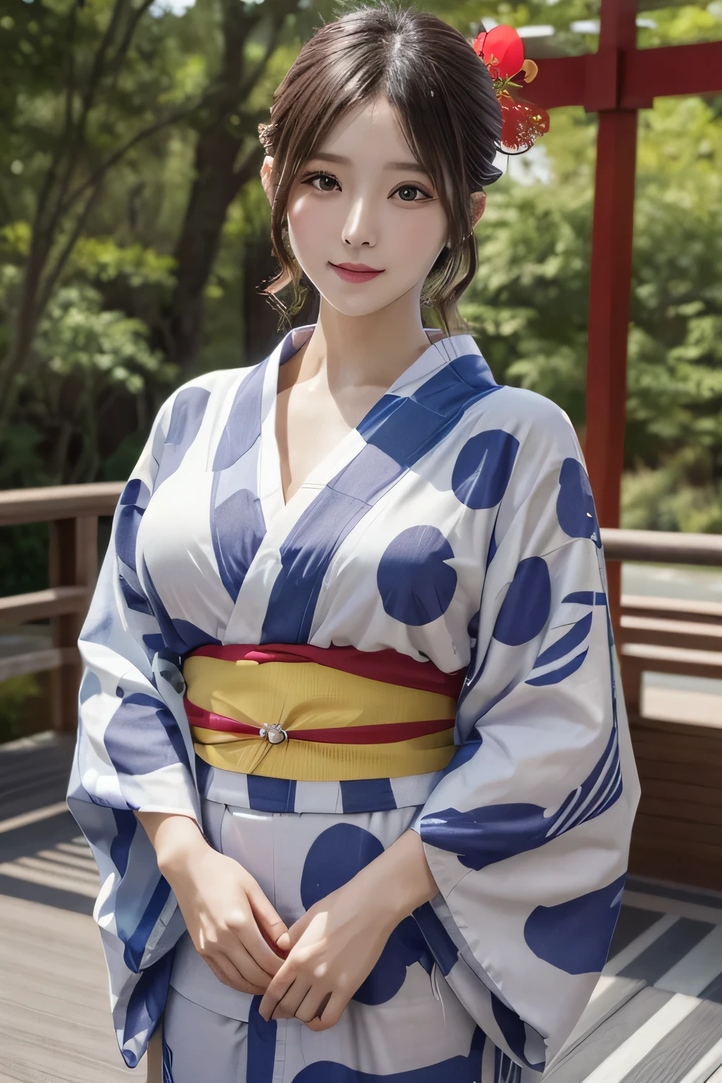 One Girl, 1 person,Highest quality,High resolution,超High resolution,8k,Realistic,Upper Body,encounter_audience,Large Breasts, the body is slim,(Yukata:1.2),
