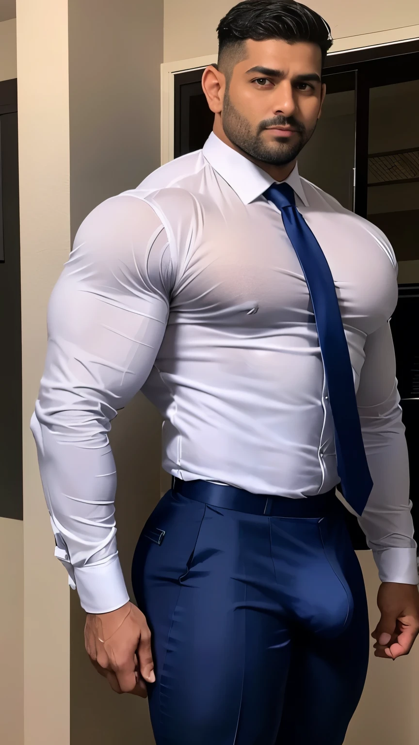 40-year-old boy holded his bulge ,Indian muscular male executive formal work uniform shirt, wearing tie................ navy blue sexy man thong only... no pants.... dripping on body and pants....................,legs wide open, legs on shoulder, missionary POV, drenching sweet, holding bulge, bulge dripping , all soaked wet