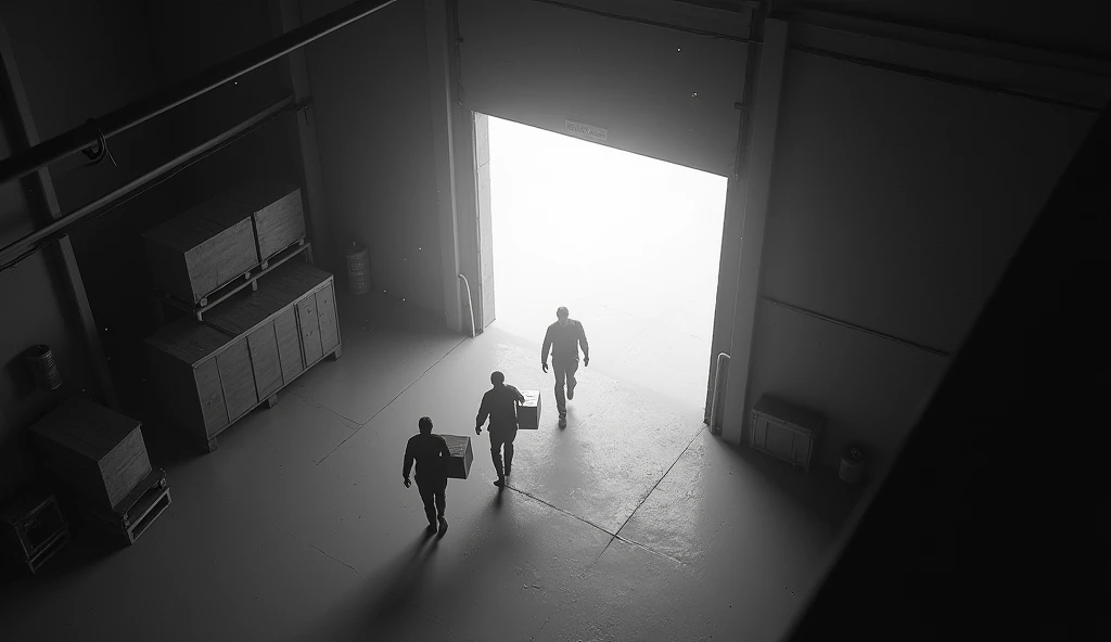 images from a security camera, ccctv, I see them from above, top isometric view, the camera is positioned in the corner of the ceiling, there are men entering a small portal of energy edges, the portal opens in the middle of the warehouse. they are in a warehouse, there are hostages, black and white filter on image, interdimensional energy portal, they carry boxes, some men are armed, silhouettes, open angle, sparks, sparks, motion-blur,  old camera line filter,