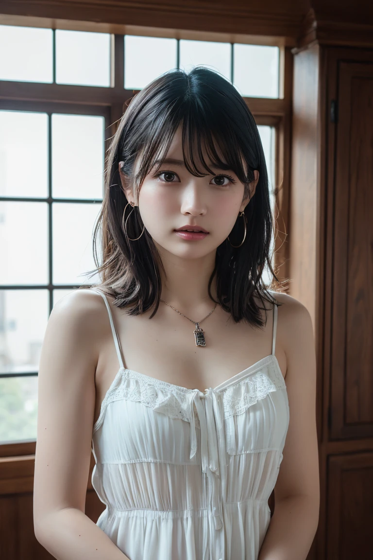 (Highest quality:1.4),(masterpiece:1.4),(Realistic:1.4),(Realistic:1.2),(超High resolution, RAW Photos:1.4),(High resolution, Ultra-detailed:1.2),(8k:1.2),View your viewers,Cinematic photography,One person,skeletally correct,Black-haired woman,Woman in her early 20s,(Small earrings,necklace,Mellow frill tiered cami dress),(Western-style building interior,Dimly lit room,The lamplight shines on my cheeks)