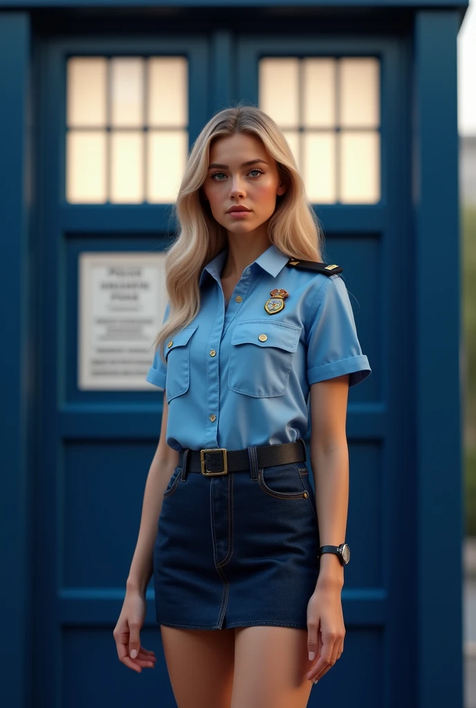 Police Officer、young woman、police box、Blue short-sleeved shirt、mini skirt、Police badge on chest、cute、Sexy legs、(best quality,4K,8k,highres,masterpiece:1.2),ultra-detailed,(realistic,photorealistic,photo-realistic:1.37),HDR,uhd,studio lighting,ultra-fine painting,sharp focus,physically-based rendering,extreme detail description,professional,vivid colors,bokeh,cinematic lighting,dramatic shadow,
