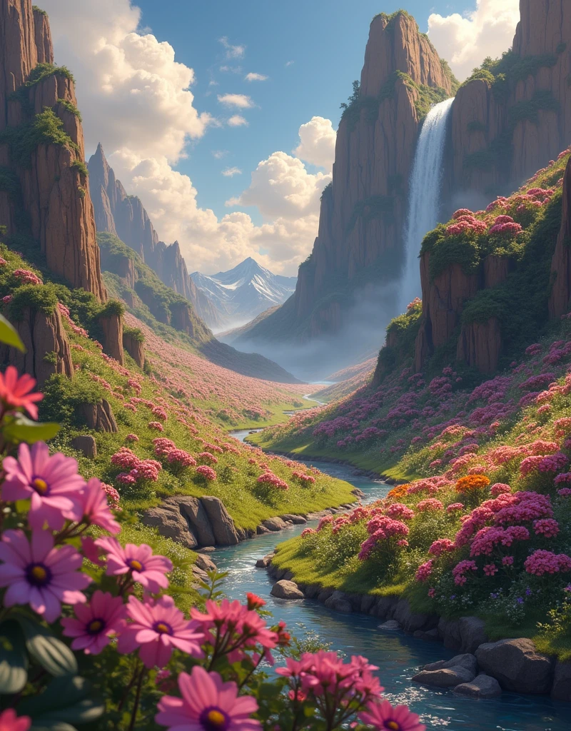 un gros plan d&#39;une peinture d&#39;une montagne avec des fleurs, environnement floral, collines fleuries mythiques, animé, nature, paysage magique, Ross Tran. fond scénique, Art détaillé 8k de haute qualité, Art numérique 4K très détaillé, un beau paysage, paysage coloré extraordinaire, par Sylvain Sarrailh, paysage artistique fantastique, Fond d&#39;écran vertical 4K, Fond d&#39;écran vertical 4k