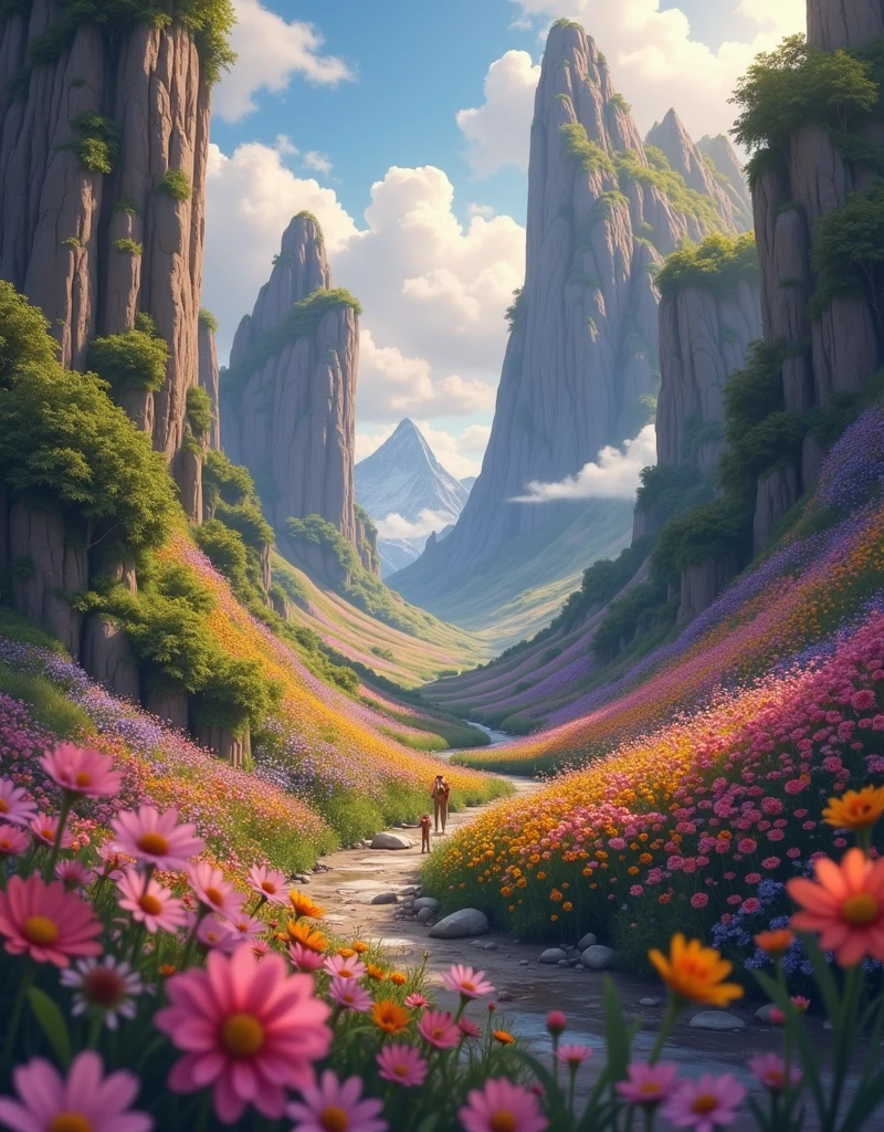 un gros plan d'une peinture d'une montagne avec des fleurs, environnement floral, collines fleuries mythiques, animé, nature, paysage magique, Ross Tran. fond scénique, Art détaillé 8k de haute qualité, Art numérique 4K très détaillé, un beau paysage, paysage coloré extraordinaire, par Sylvain Sarrailh, paysage artistique fantastique, Fond d'écran vertical 4K, Fond d'écran vertical 4k