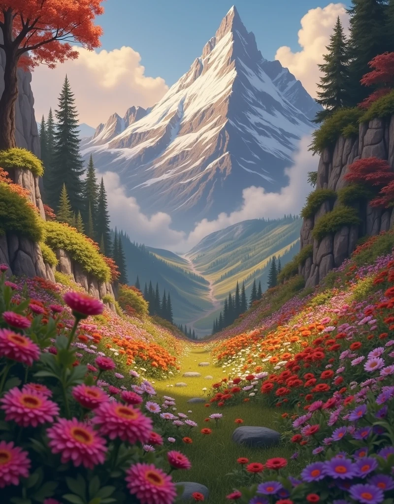 un gros plan d&#39;une peinture d&#39;une montagne avec des fleurs, environnement floral, collines fleuries mythiques, animé, nature, paysage magique, Ross Tran. fond scénique, Art détaillé 8k de haute qualité, Art numérique 4K très détaillé, un beau paysage, paysage coloré extraordinaire, par Sylvain Sarrailh, paysage artistique fantastique, Fond d&#39;écran vertical 4K, Fond d&#39;écran vertical 4k