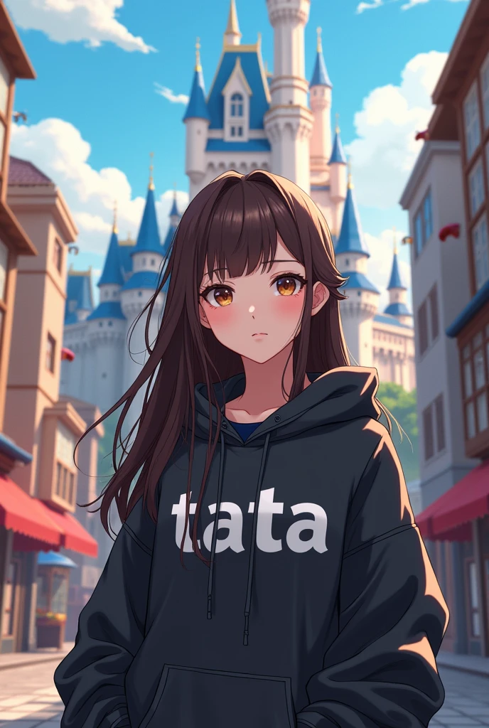 Create anime character;
{background: capital HD text: “GLBK” in center-top, castle city}, tanned skin,
realistic, HDR, beautiful, korean style, full body, age 20, hoodie HD text: “Tata”, female, brown hair, long hair, purple