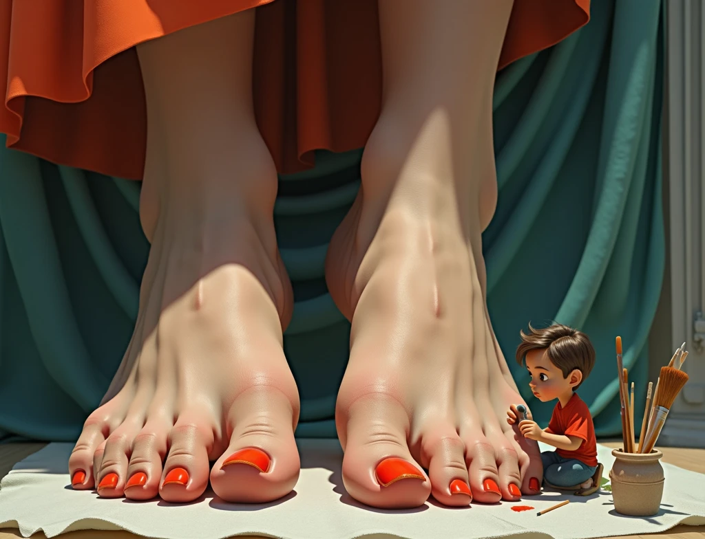 a tiny man paints a giant woman's toenails