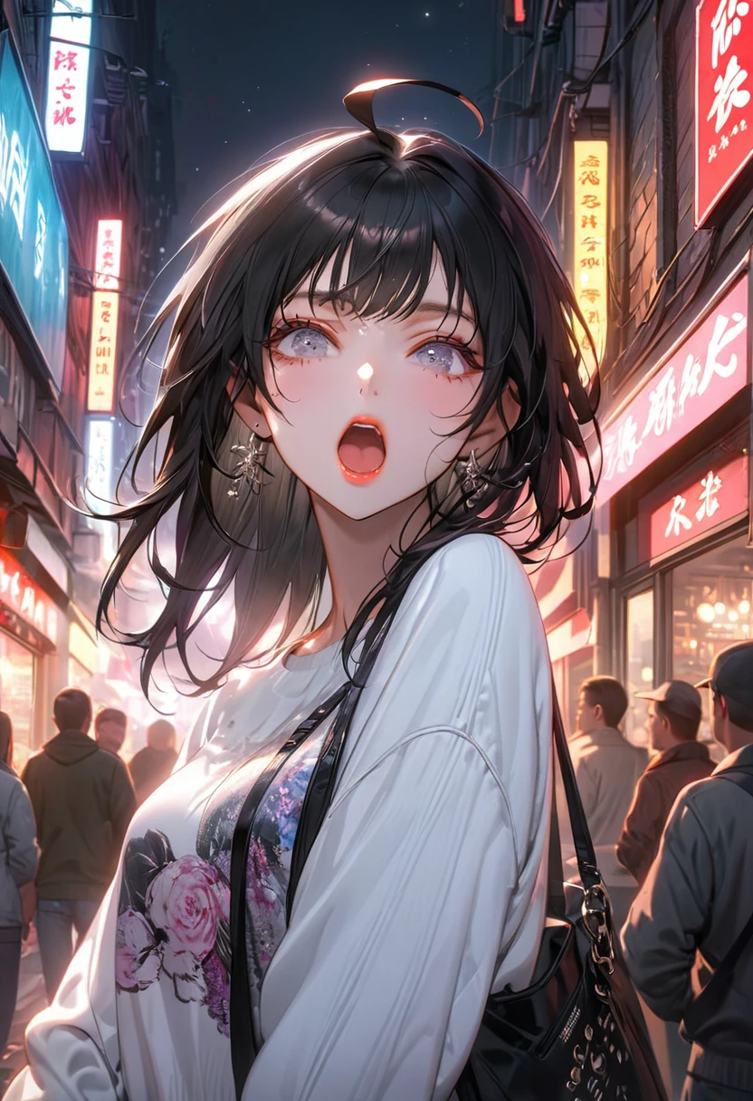 The background is the night electronics district(Highest quality,Very detailed,High resolution:1.2),Slim beautiful girl shouting，Street Performance，Black Hair，very_Long eyelashes, Detailed lips, Cool look, Soft Skin, Shiny Hair,Exquisite makeup,Face up、Casual clothing、Ahoge