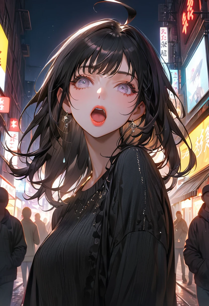 The background is the night electronics district(Highest quality,Very detailed,High resolution:1.2),Slim beautiful girl shouting,Street Performance,Black Hair,very_Long eyelashes, Detailed lips, Cool look, Soft Skin, Shiny Hair,Exquisite makeup,Face up、Casual clothing、Ahoge