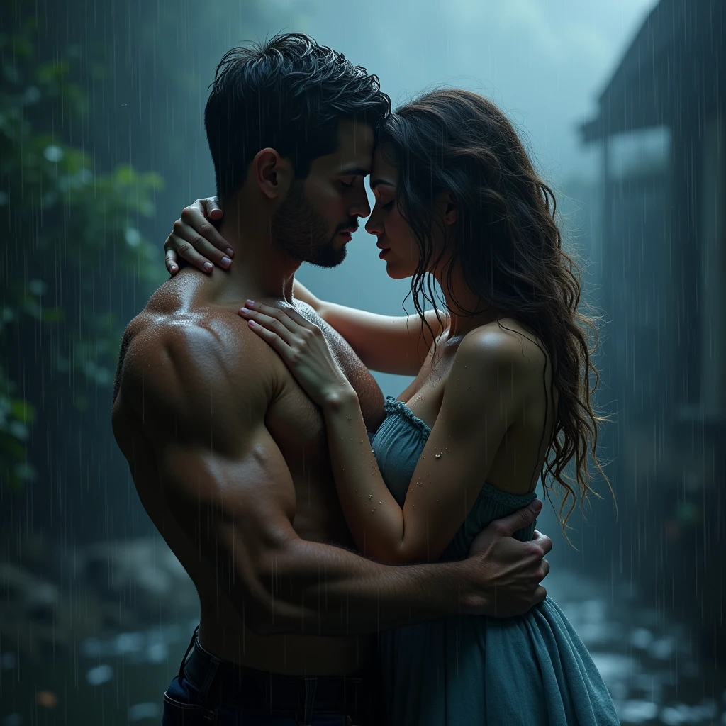 book cover with Beautiful lady and a man hugging in darky rainy environment