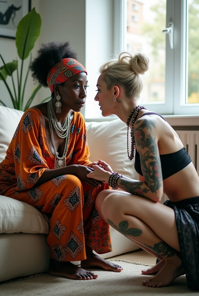 Two women. African very old wrinkled milf  woman lounging lazily on a sofa with separated legs, afro hairdo, serious face, wearing traditional colourful african clothes, barefoot,. A weak caucasian german milf woman is keeling at her feet, stretching her neck to kiss the hands of the black woman. Caucasian woman: fully tattoed except her face, very thin, light grey hair, light green eyes, pale face, pale neck, pale chest, pale arms, pale hands, pale stomach, pale legs and feet) in chic rock fashion: pompadour hairstyle with top bun and shaved sides, colourful bandana as headboard, a lot of metallic necklaces and pendants, a lot of wide metallic bracelets, black lace push up bra, low rise black lace thong, chains as belts, squatting with arms on knees, passive facial expression with open mouth, arched back humbly, stretching her neck to kiss her girlfriend eagerly, big square sunglasses, thin neck, thin arms, thin legs, well toned abdominals. In an apartment decorated in Scandinavian style. Natural light