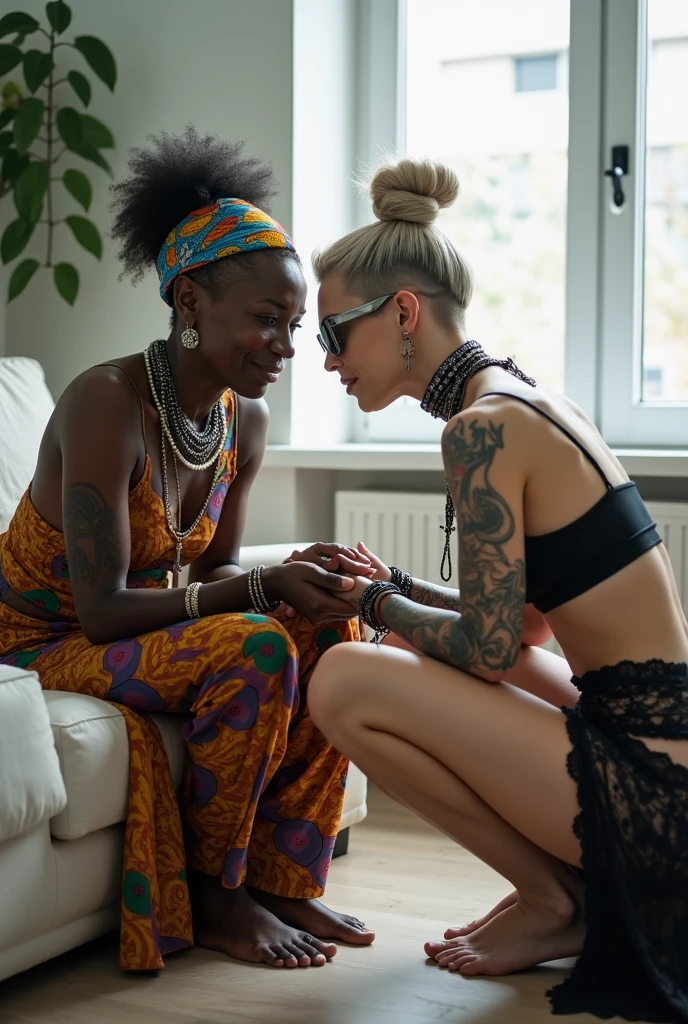 Two women. African very old wrinkled milf  woman lounging lazily on a sofa with separated legs, afro hairdo, serious face, wearing traditional colourful african clothes, barefoot,. A weak caucasian german milf woman is keeling at her feet, stretching her neck to kiss the hands of the black woman. Caucasian woman: fully tattoed except her face, very thin, light grey hair, light green eyes, pale face, pale neck, pale chest, pale arms, pale hands, pale stomach, pale legs and feet) in chic rock fashion: pompadour hairstyle with top bun and shaved sides, colourful bandana as headboard, a lot of metallic necklaces and pendants, a lot of wide metallic bracelets, black lace push up bra, low rise black lace thong, chains as belts, squatting with arms on knees, passive facial expression with open mouth, arched back humbly, stretching her neck to kiss her girlfriend eagerly, big square sunglasses, thin neck, thin arms, thin legs, well toned abdominals. In an apartment decorated in Scandinavian style. Natural light
