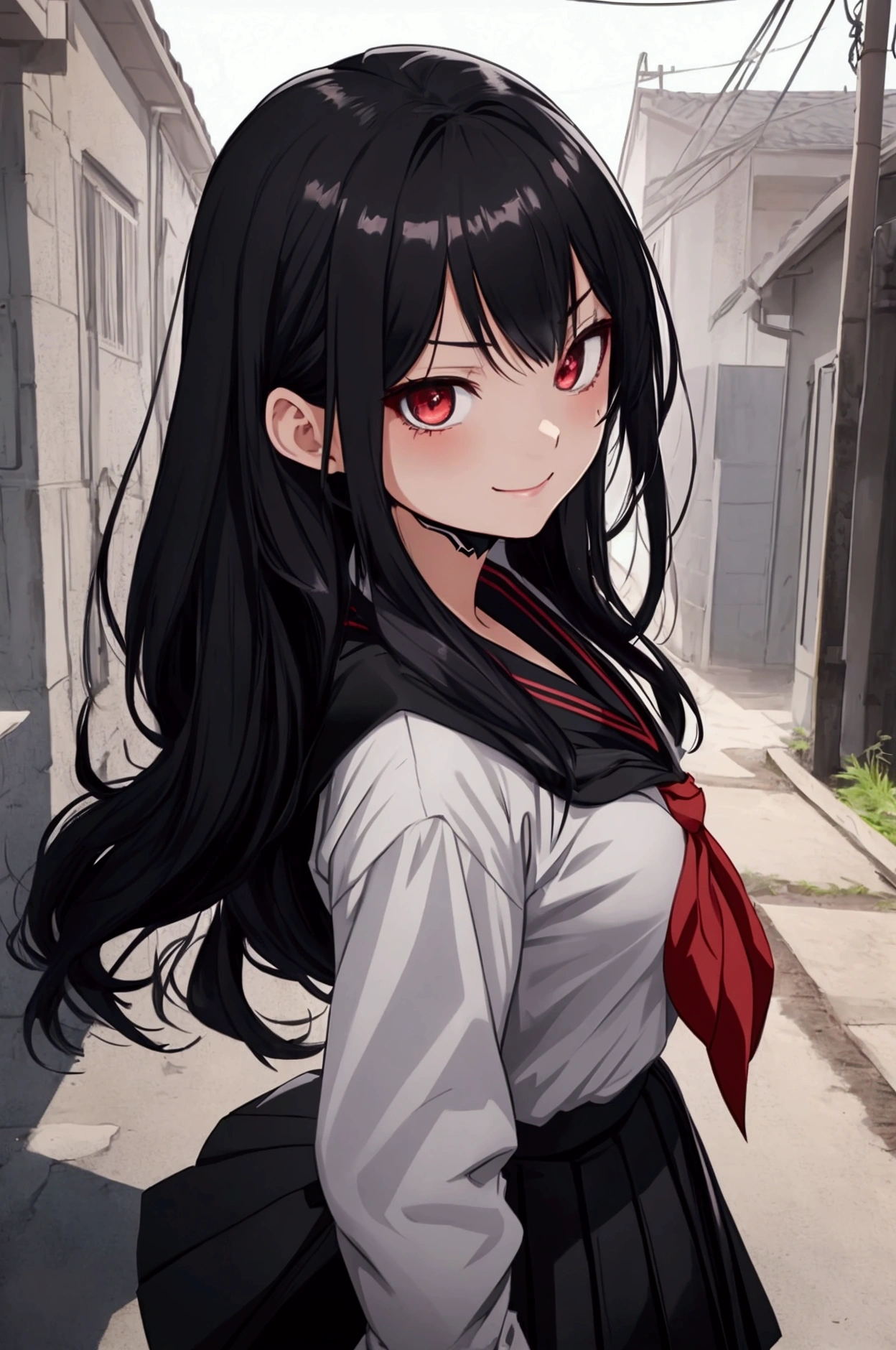 anime girl portrait, 1girl, black school uniform, long black hair, long skirt, katana over shoulder, fierce expression, smiling, red neckerchief, detailed face, intricate details, school exterior, natural lightning