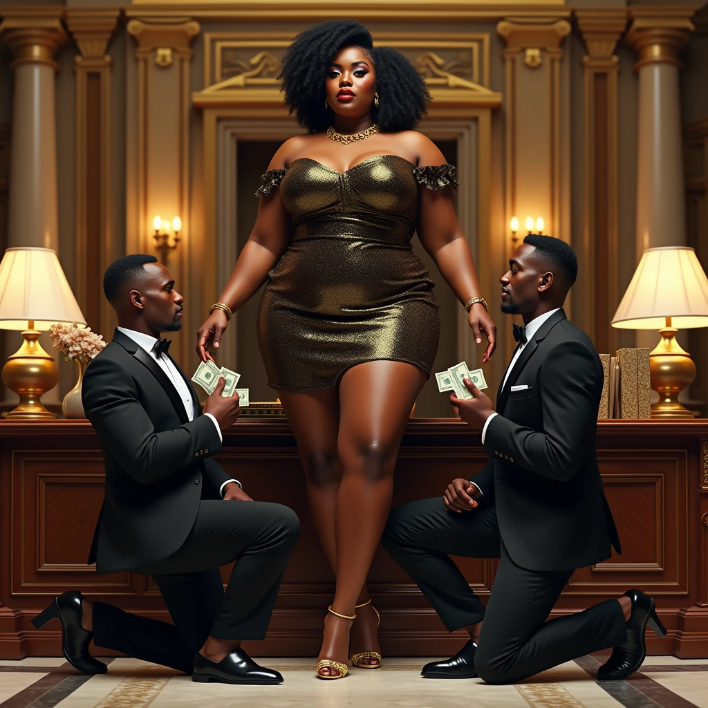 (photorealism:1.2), photorealist  A plus-size, curvaceous BBW woman in her mid-30s with a dark-skinned, melanin-rich complexion stands with commanding authority in a lavish, high-end bank office. She exudes power, wealth, and dominance, embodying a matriarch findom goddess persona. Dressed in a luxurious designer outfit—a form-fitting, elegant dress paired with high heels and adorned with gold jewelry—she radiates confidence and control. A white male banker kneels before her, his expression a mix of awe and submission, while her high-heeled foot rests firmly on his face in a gesture of dominance. Another white male banker is kneeling beside her, holding large lump sums of cash as offerings, his eyes locked onto her with admiration and reverence. The bank office is opulent, featuring a grand desk, marble floors, and ornate decor, highlighting an atmosphere of wealth, power, and total control."