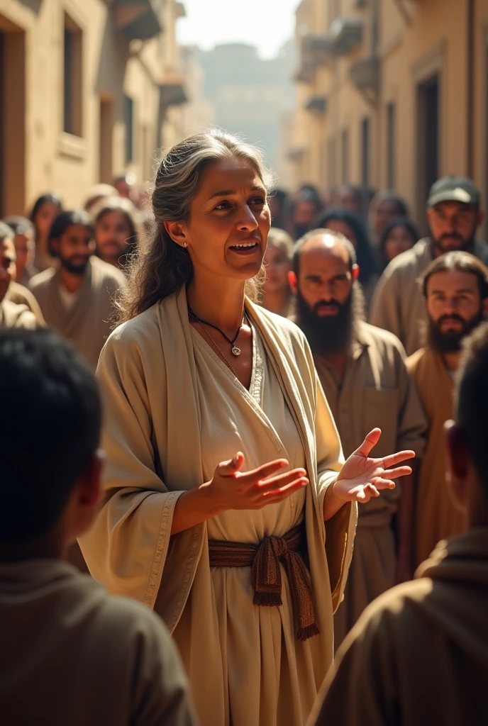 A woman sharing the word of God from the bible to a crowd of people