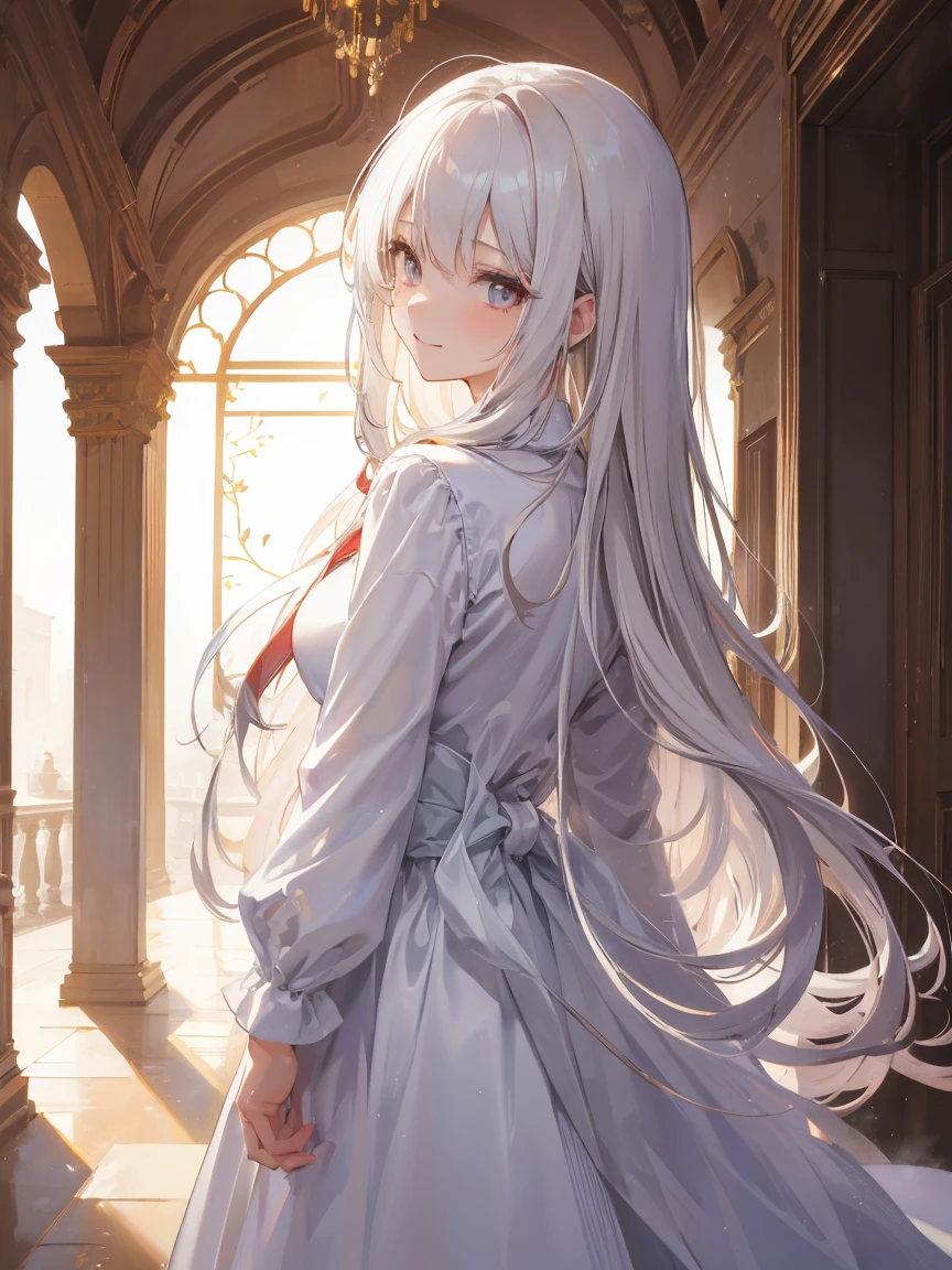 1 Female、Long-haired woman standing in the light、The shining surroundings、Women are in tears、The face is smiling、White dress shirt、Highlights from behind a woman、