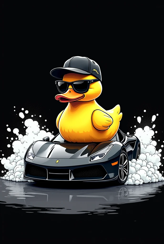 Create a yellow duck on top of the car with sunglasses and a cap. The duck has a bad guy style with a big sports car with foam or something on a black background. This is for my car wash business in drawing format.