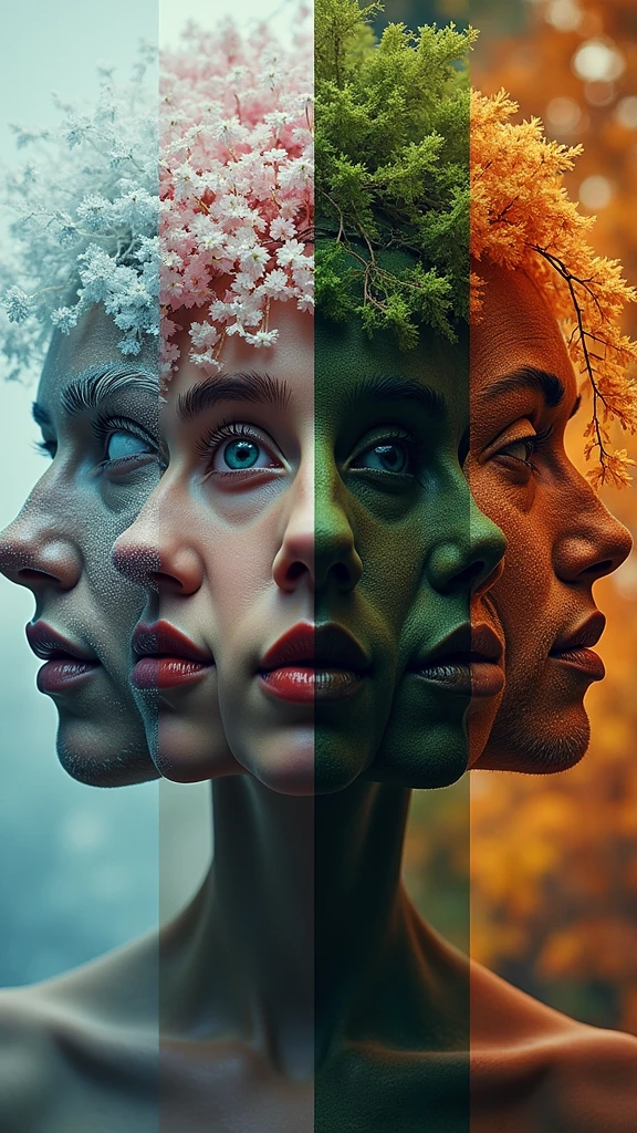 Hyper-realistic glitchcore surrealism: four razor-sharp vertical splits depicting seasons. Frosty crystalline winter, delicate pastel spring blossoms, lush verdant summer foliage, fiery autumn leaves. Double-exposed close-up silhouette with intricate digital artifacts. Ultra-high-resolution grain texture. Moody chiaroscuro lighting. Time's relentless march personified.