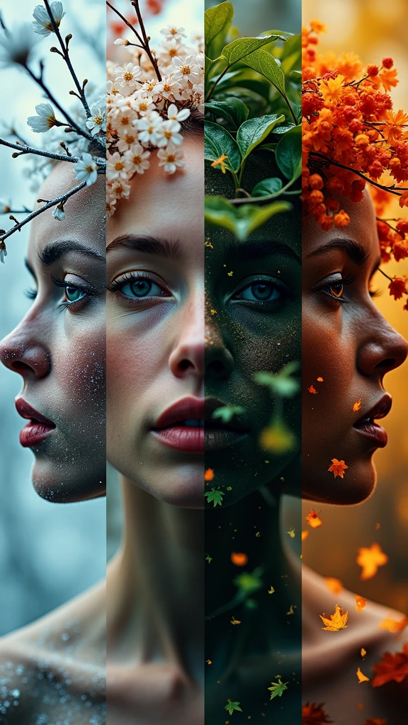 Hyper-realistic glitchcore surrealism: four razor-sharp vertical splits depicting seasons. Frosty crystalline winter, delicate pastel spring blossoms, lush verdant summer foliage, fiery autumn leaves. Double-exposed close-up silhouette with intricate digital artifacts. Ultra-high-resolution grain texture. Moody chiaroscuro lighting. Time's relentless march personified.