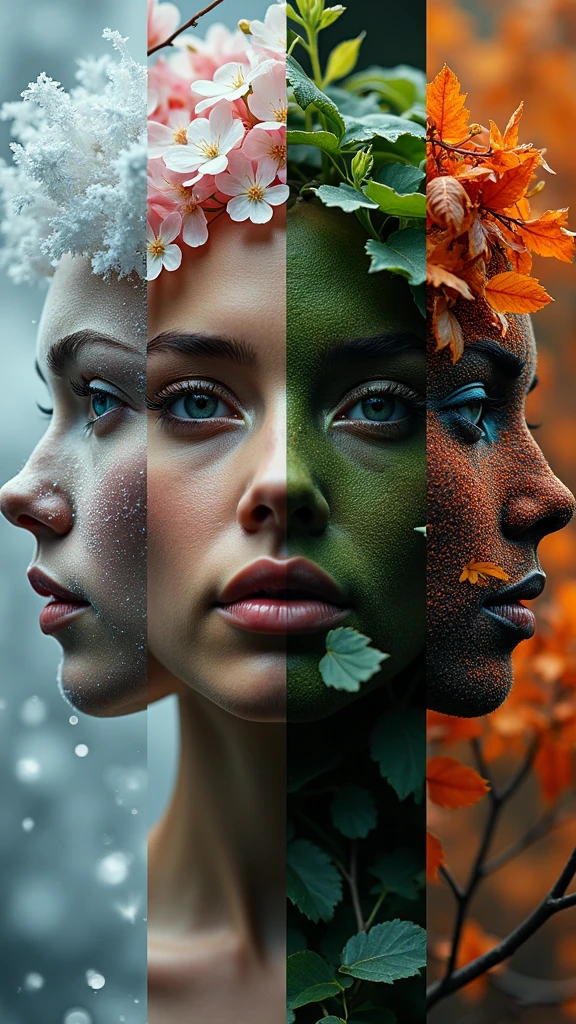 Hyper-realistic glitchcore surrealism: four razor-sharp vertical splits depicting seasons. Frosty crystalline winter, delicate pastel spring blossoms, lush verdant summer foliage, fiery autumn leaves. Double-exposed close-up silhouette with intricate digital artifacts. Ultra-high-resolution grain texture. Moody chiaroscuro lighting. Time's relentless march personified.