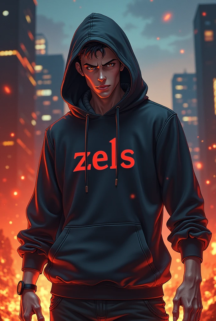 Create anime character;
{background: capital HD text: “GLBK” in center-top, hell magma}, tanned skin,
realistic, Villain, like half-demon, HDR, handsome, japan style, full body, age 20, hoodie HD text: “Zels”, male