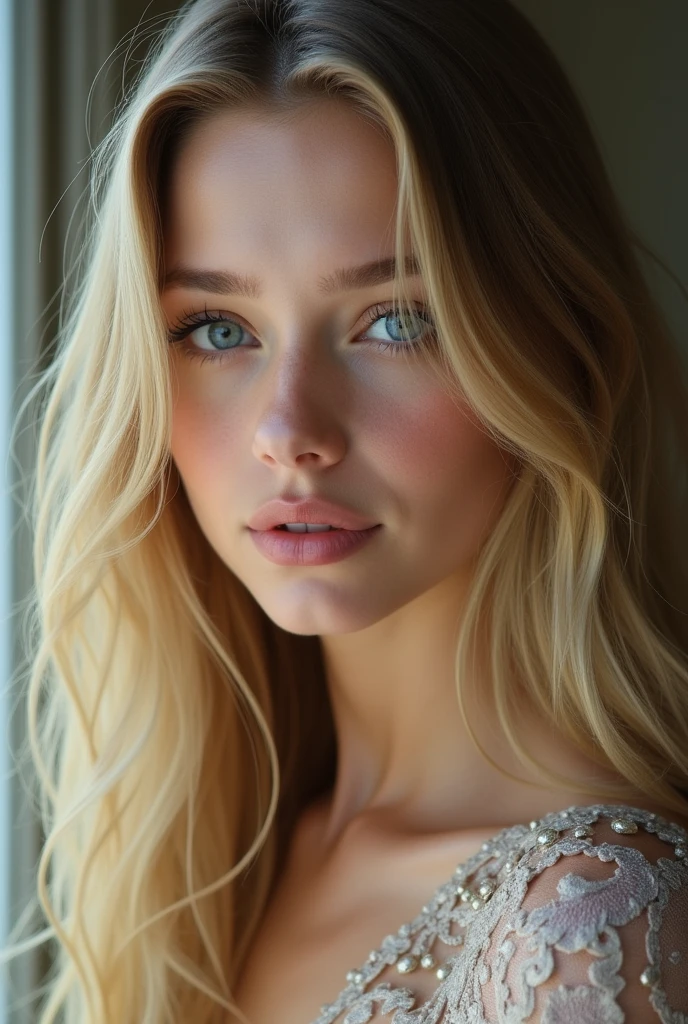realistic, long blonde straight hair, blue eyes, long eyelashes, plumped lips and a button nose