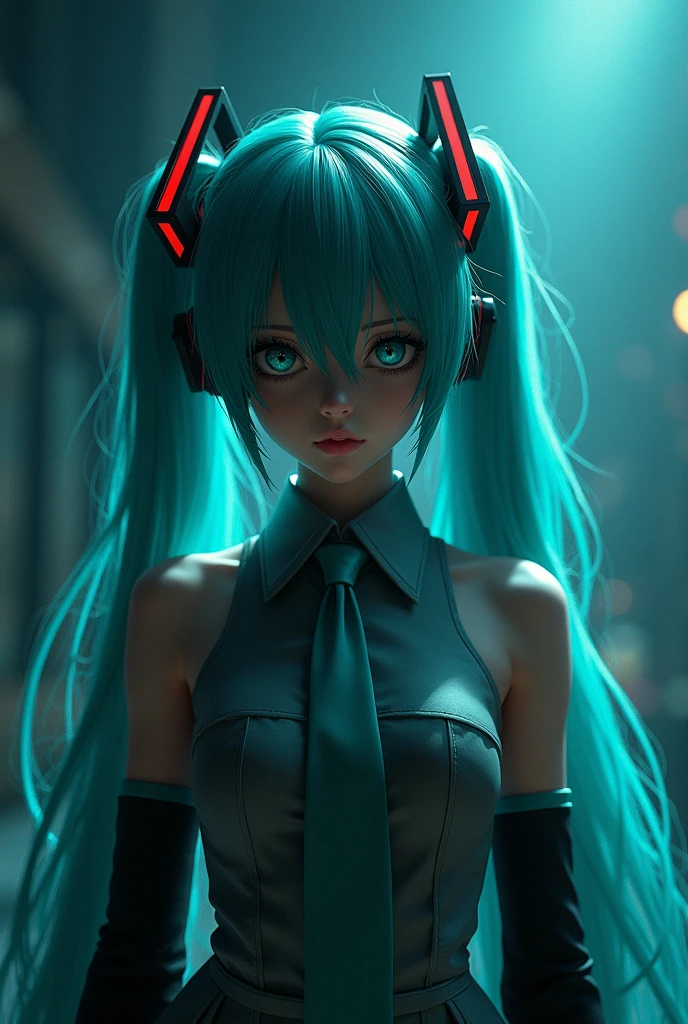 full body, Genius female Hatsune Miku, intricate detail Highly Detailed Eyes, Faded, 16K resolution, RAW, Nikon Z9, Creative, Masterpiece, Fantasy, High Definition, High Quality, 8k, Realistic, Dramatic Lighting, Soft Focus, Digital Illustration, Intricate Mechanics, Advanced Techniques, Dark Background Cinematic, High Contrast, High Contrast Atmosphere, (Best Quality, 4k, 8k, High Definition, Masterpiece: 1. 2), Ultra-Detailed, (Realistic, Graphic, Photorealistic: 1. 4) -- No Glass --AR 16:9 --Stylize 1000