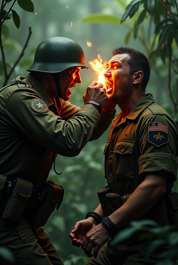 One well dressed angry  soldier injecting very hot road of iron into 1 another Soldier eye who is bleeding and crying brutally wounded and tied hands in jungle