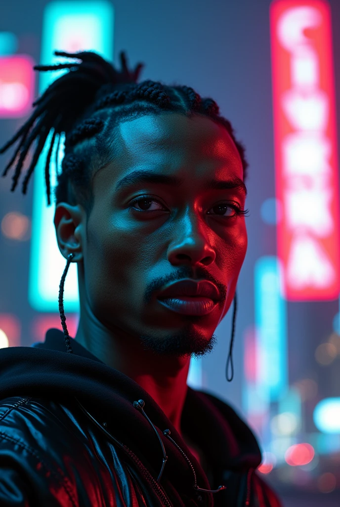 a man who is half black and half asian, cornrow, cyberpunk style, glowing cybernetic implants, neon cityscape background, dramatic lighting, moody color palette, cinematic composition, photorealistic, 8k, hyper detailed