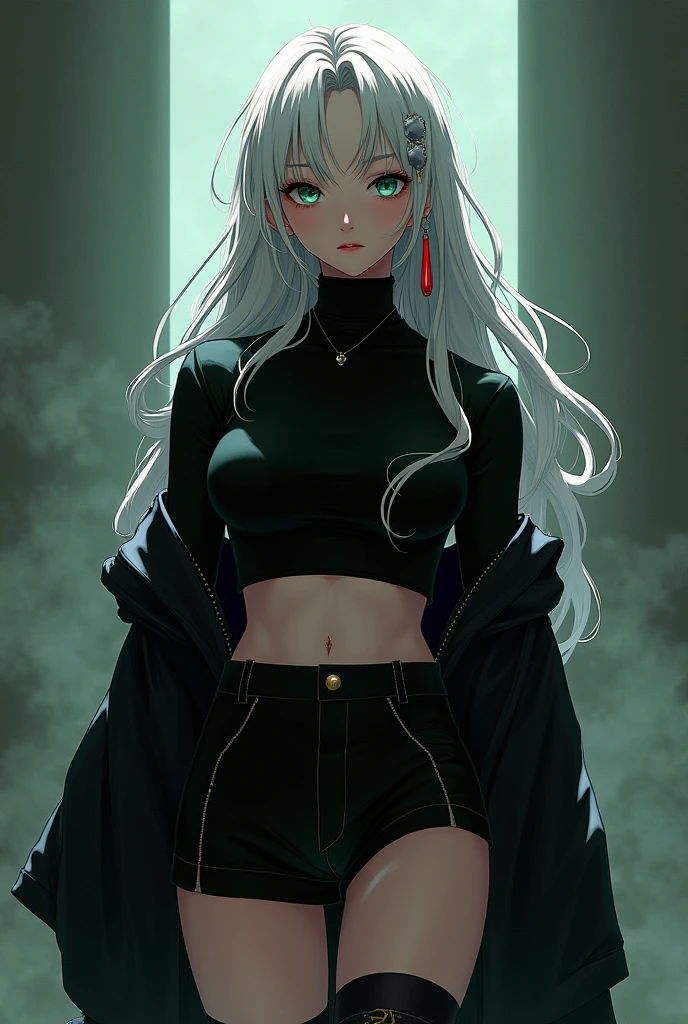 Femme mangas 25 ans cheveux blanc  long et ondulé yeux vert très clair pas de cheveux sur le front. Habillé en col roulé noir  jupe short noir botte noire et chaussette haute qui arrivent au dessus du genou noir  avec un kimono ouvert long un look badass avec une seule boucle d'oreille longue et rouge 