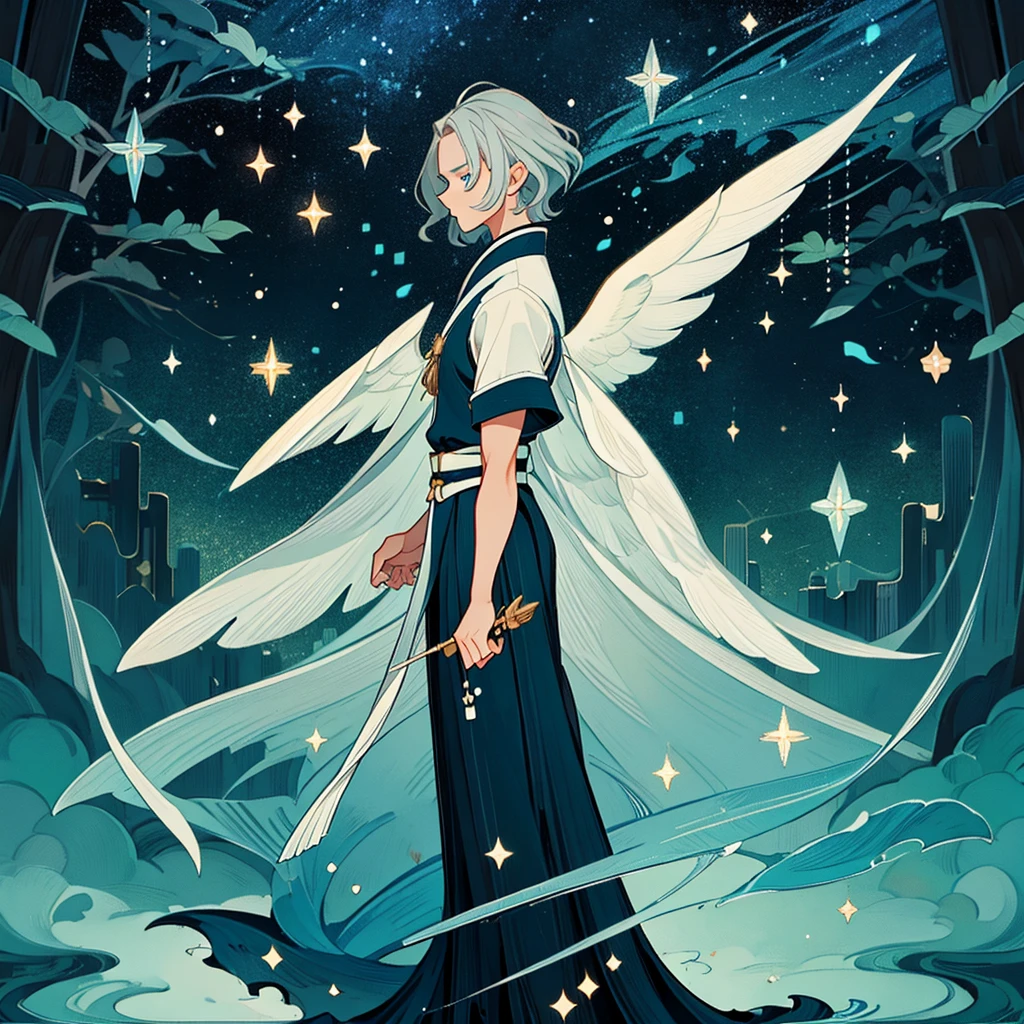 Solo man with black skin, silver hair, short wavy hair. Bright sky blue eyes. Green branches with elongated leaves. white high neck sweater, Hakama pants, belt at the waist with bag. a large pair of wings. Dark blue with green sparkles reminiscent of a starry night sky Mystical atmosphere, delicate brushwork, magical scenery, Peaceful and serene. detailed clothing. nature background.