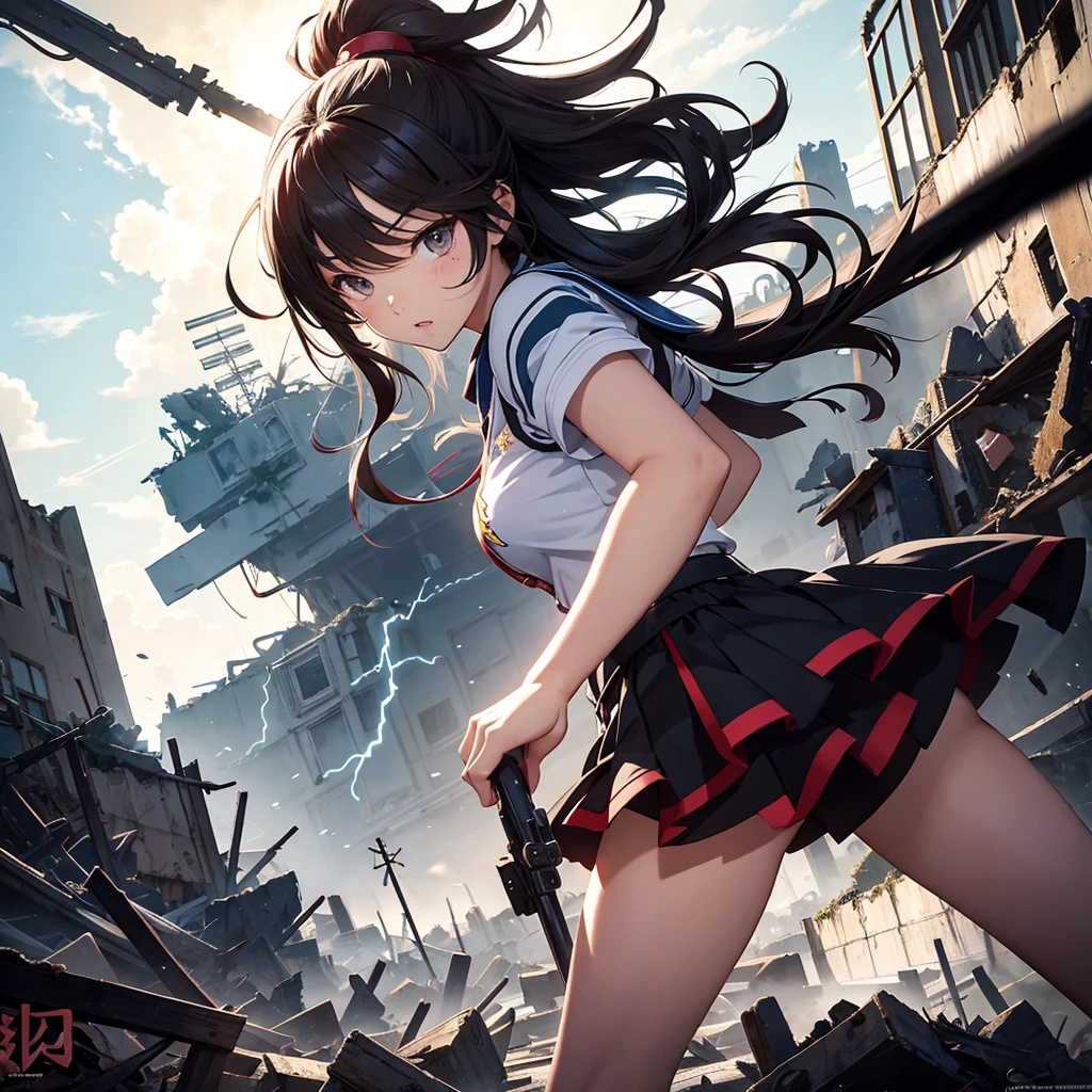 masterpiece、Bold, anime-style illustration、Dense painting、Humorous and crazy。1 high school girl、Cinematic lighting、Clench your fists、A high school girl awakens and stands up strong、Lightning strikes her、The background is a ruined city in the near future.。