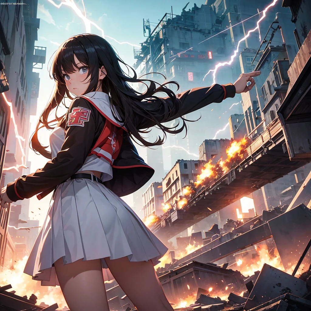 masterpiece、Bold, anime-style illustration、Dense painting、Humorous and crazy。1 high school girl、Cinematic lighting、Clench your fists、A high school girl awakens and stands up strong、Lightning strikes her、The background is a ruined city in the near future.。