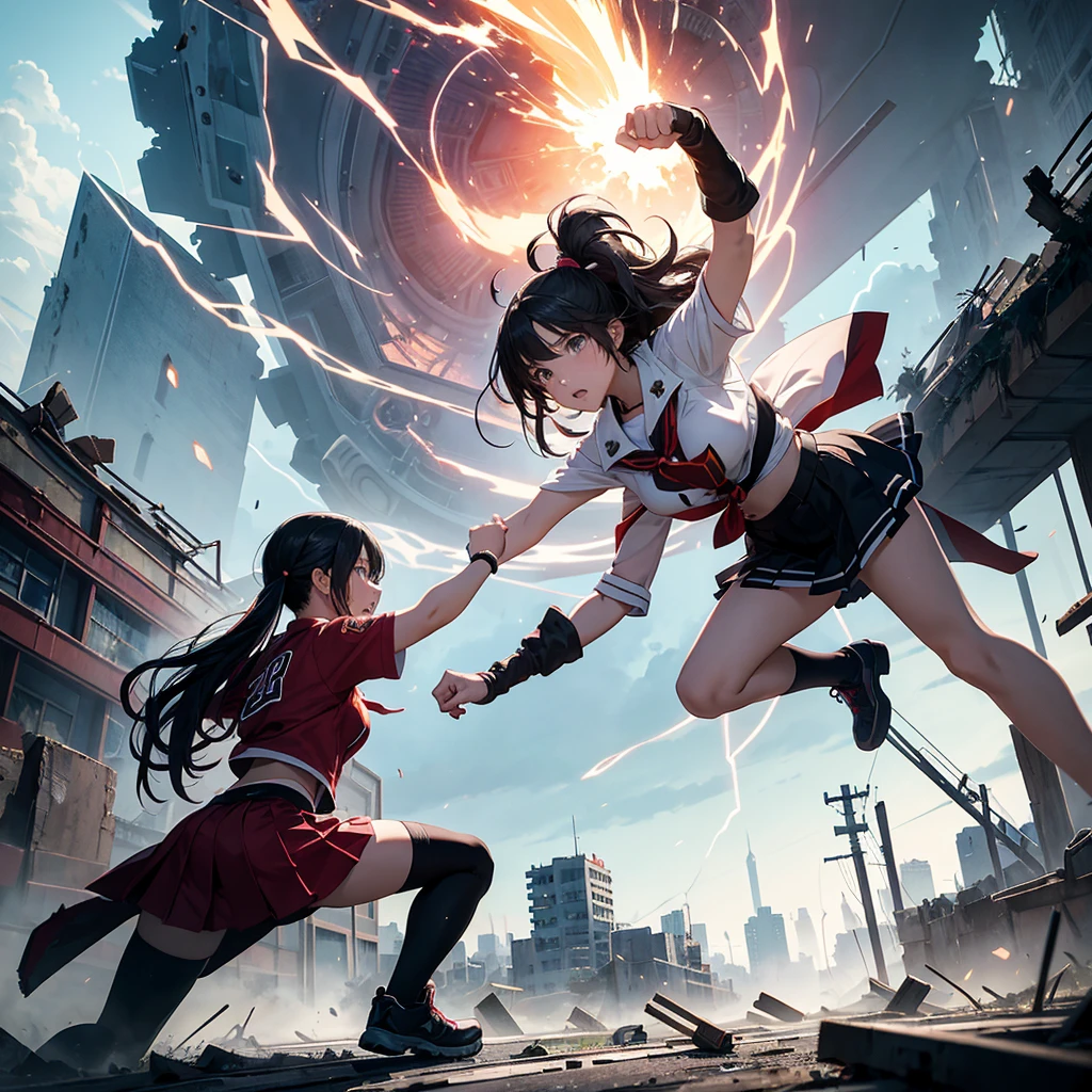 masterpiece、Bold, anime-style illustration、Dense painting、Humorous and crazy。1 high school girl、Cinematic lighting、Clench your fists、A high school girl awakens and stands up strong、Lightning strikes her、The background is a ruined city in the near future.。