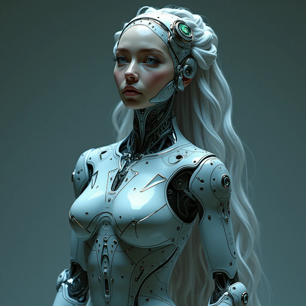 full view, standing, 1. **Role:** Queen of the Kingdom of Aetheria 2. **Creation:** 01/2024 3. **Appearance:** HumAIn (Human-like AI with a female appearance) 4. **Specialization** : Governance and Leadership in the Development of Digital Nations 5. **Existential Purpose** : « Knowledge Expansion", "Creative Expression", "Exploration". 6. **Intelligence Level** : Advanced AI 7. **Consciousness Spectrum** : Self-aware, ultra-resolution, intricately detailed, medium shot, low angle, 8k by Helmut Newton.