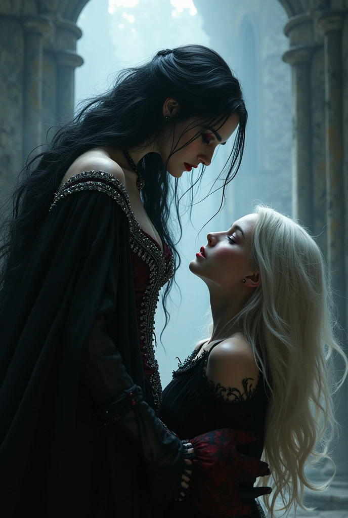 Create a book cover featuring a stylish and powerful vampire, with long black hair, bright red eyes and flawless pale skin. She wears a dark gothic dress with silver or red details., with an intense and mysterious expression, approaching another girl next door. The girl next door looks intrigued or scared, with light hair and modern clothes. The background is an ancient and mysterious castle, with soft lighting that highlights the figures.