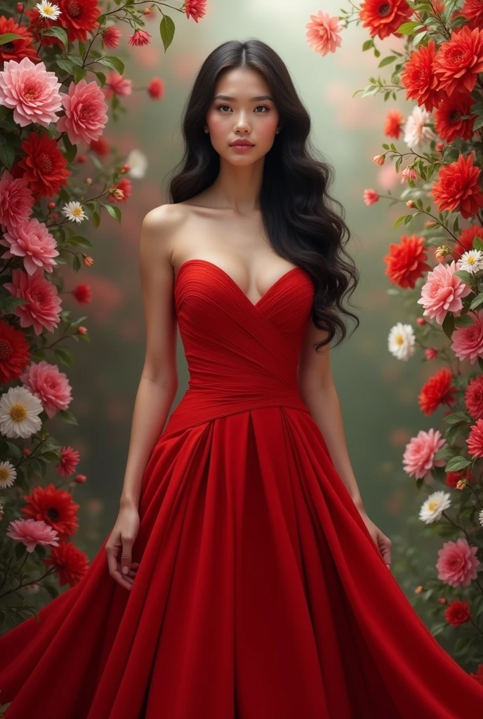 Real pinay wearing red gown standing with arounding flowers