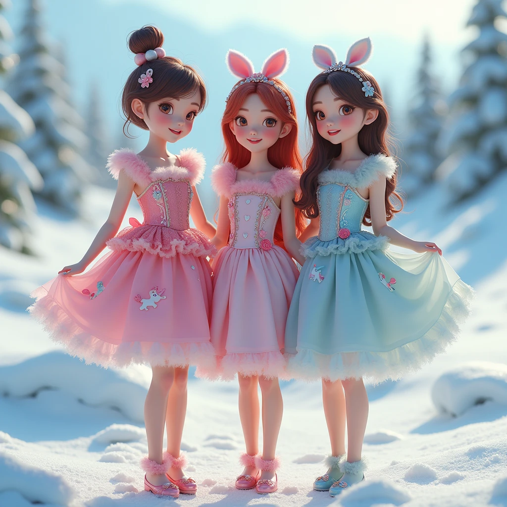Extremely cute and sweet photo, of three -head body, Group photo, ((colourful, fresh cute)),Three cute and sweet 30 years old woman on peace of ice, first girl has short dark red bun hair, second brunette long hair, third brunette long hair, Model figure cute, long-legged woman, A woman in a luxurious and elaborate colorful fresh lolita dress, wearing yellow wellies shoes long, with hearts and unicorns on, patterned tights, standing on a snowy mountain, with reflective skin and reflective clothing, venus cute body, full body shot, ray tracing, reflection light, chiaroscuro, UHD, masterpiece, anatomically correct, textured skin, super detail, high quality, 4K, higher, girls smiling, have fun