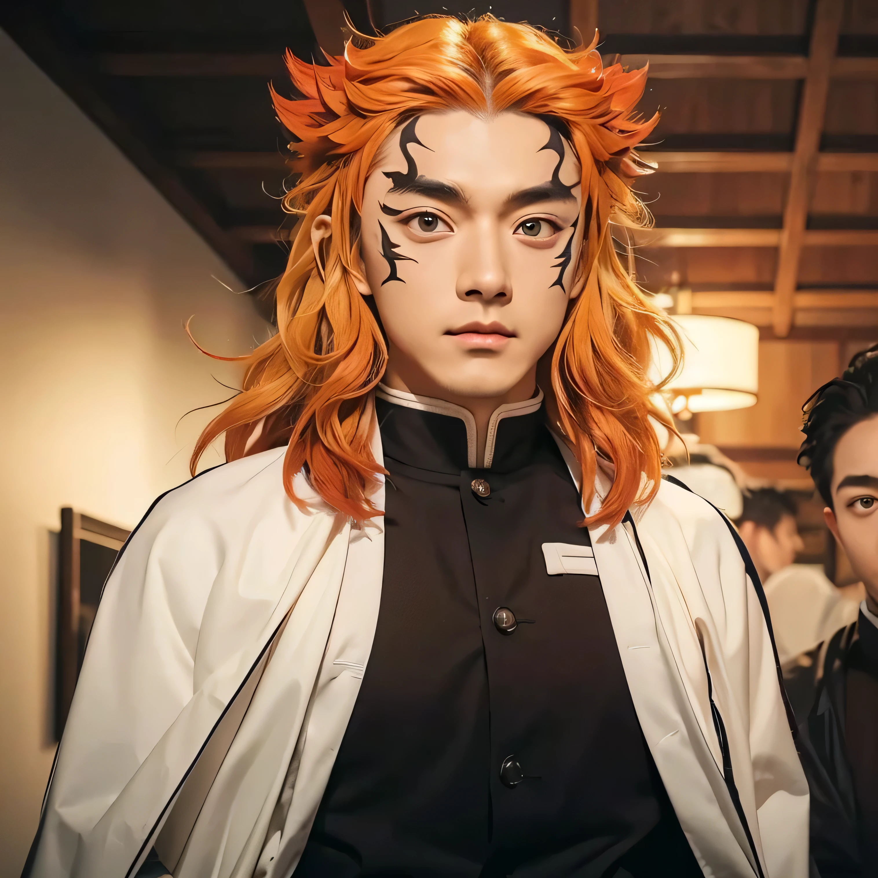 Masterpiece, Extremely Realistic, UHD, 8K, Extremely Detailed, depth of field, Detailed face, best photography, Demon Slayer, Kimetsu no Yaiba, kyojuro rengoku Demon Slayer,kyojuro rengoku Kimetsu no Yaiba, man cosplay, High quality image, detailed hair texture, detailed skin texture, detailed cloth texture, add fabric details, ultra detailed skin texture, ultra detailed photo, skin pores, cloth details, high skin details, realistic hair details, realistic light, realistic shadow,(photorealistic:1.2),Real life adaption of this character, ((Korean handsome face)), Japanese sword, Japanese sword on waist, hair bridge, cloak, white and red cloak, white cloak, smile