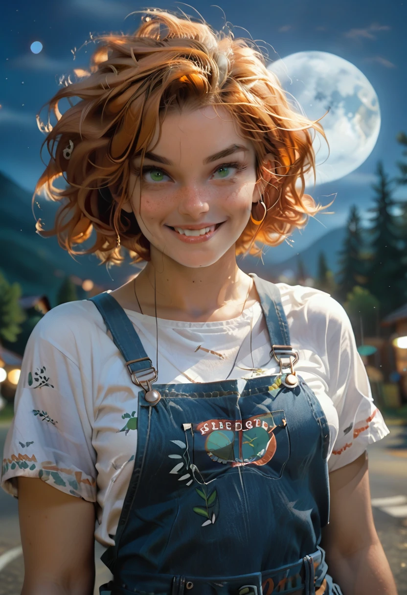 1girl, sxfrances, short hair, orange hair, green eyes, freckles, smile, red overalls, blue shirt, roll up sleeve, mountain, moon, (night:1.5), looking at viewer 