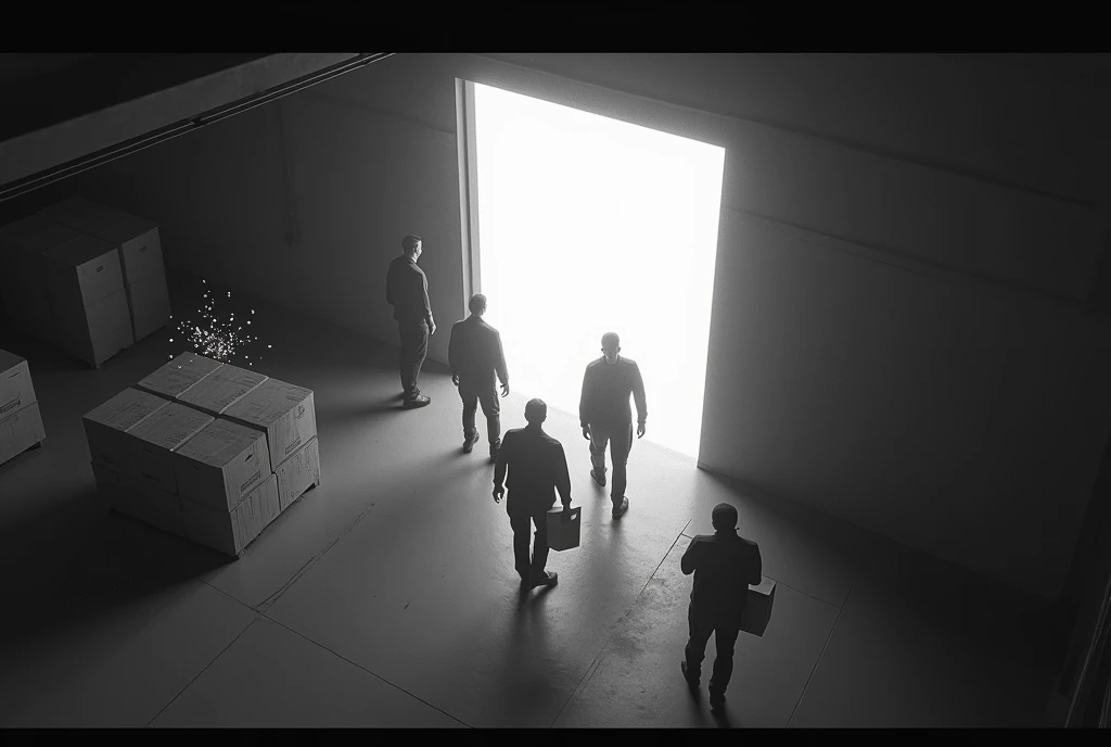 images from a security camera, ccctv, I see them from above, top isometric view, the camera is positioned in the corner of the ceiling, there are men entering a small portal of energy edges, the portal opens in the middle of the warehouse. they are in a warehouse, there are hostages, black and white filter on image, interdimensional energy portal, they carry boxes, some men are armed, silhouettes, open angle, sparks, sparks, motion-blur, old camera horizontal line filter,