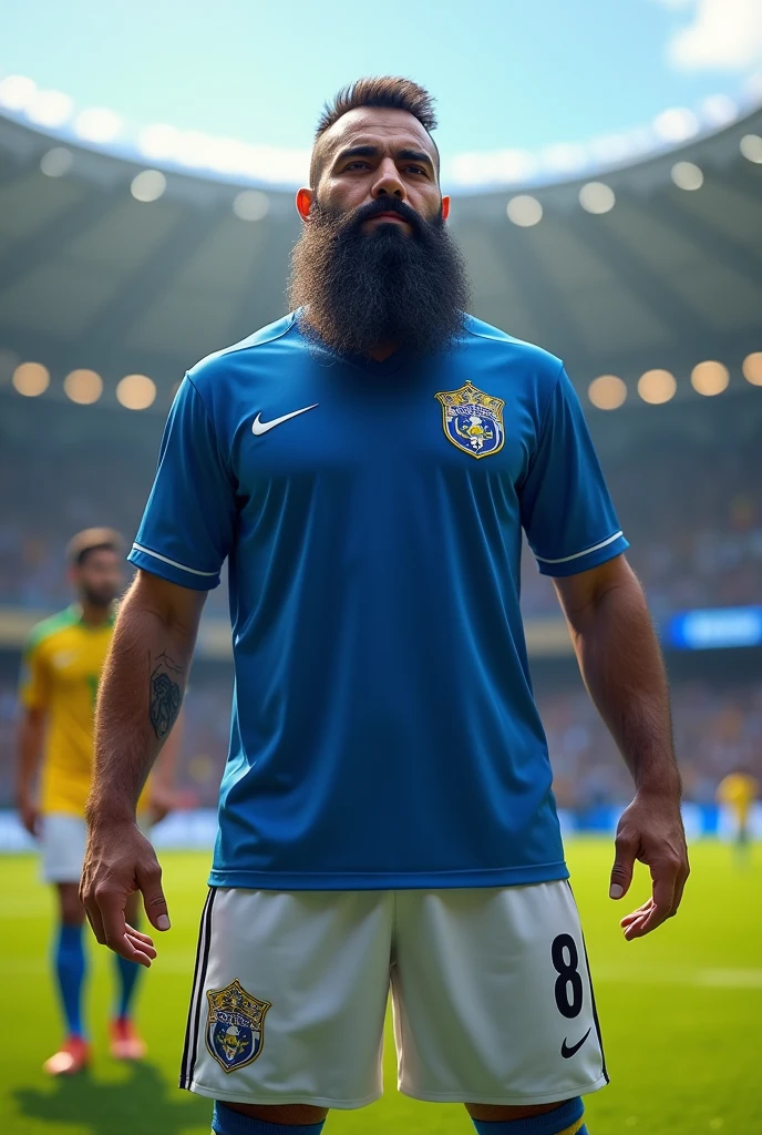 A very bearded hairy strong Persian man wearing the El Salvador national football team uniform. He must wear a blue shirt with white details and the Salvadoran Football Federation shield on the chest.. The shorts must be white with blue details., and the socks, blue with a white stripe. His expression should be confident, e a pose, Stately, reflecting their strength and pride by wearing the uniform. Greets Brazilian player on the field at the stadium.