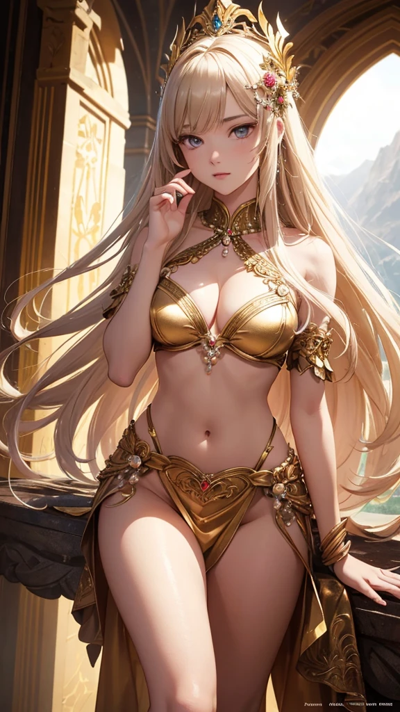 （masterpiece，top quality，Best quality，official art，beautiful and aesthetically pleasing：1.2）,beautiful princess，At the foot of the mountain，mountains in the distance，Correct anatomy，Full length photo，convex，Cute big breasts，open chest，legs separated，plum，Desire for dissatisfaction，only genitalia， camel toes，Sexual gesture,（Long hair and long meat)，gentle face, detailed eyes，Correct anatomy，detailed face, detailed eyes，Holy Rays，gold foil，gold leaf art，deep background，absurdity，fantastic and incredible，Epic composition，(complex parts，hyper detail:1.2)，ultra photorealistic, epic realistic, ((with neutral colors)),(pastel color:1.2), hyperrealistic, + cinematography + dynamic composition, incredibly detailed, sharpen, cinematic, warm light, light effect, dramatic light, (complex parts:1.1), complex background, (Pearl Beaded Bralet Top), ((pearl top)), 