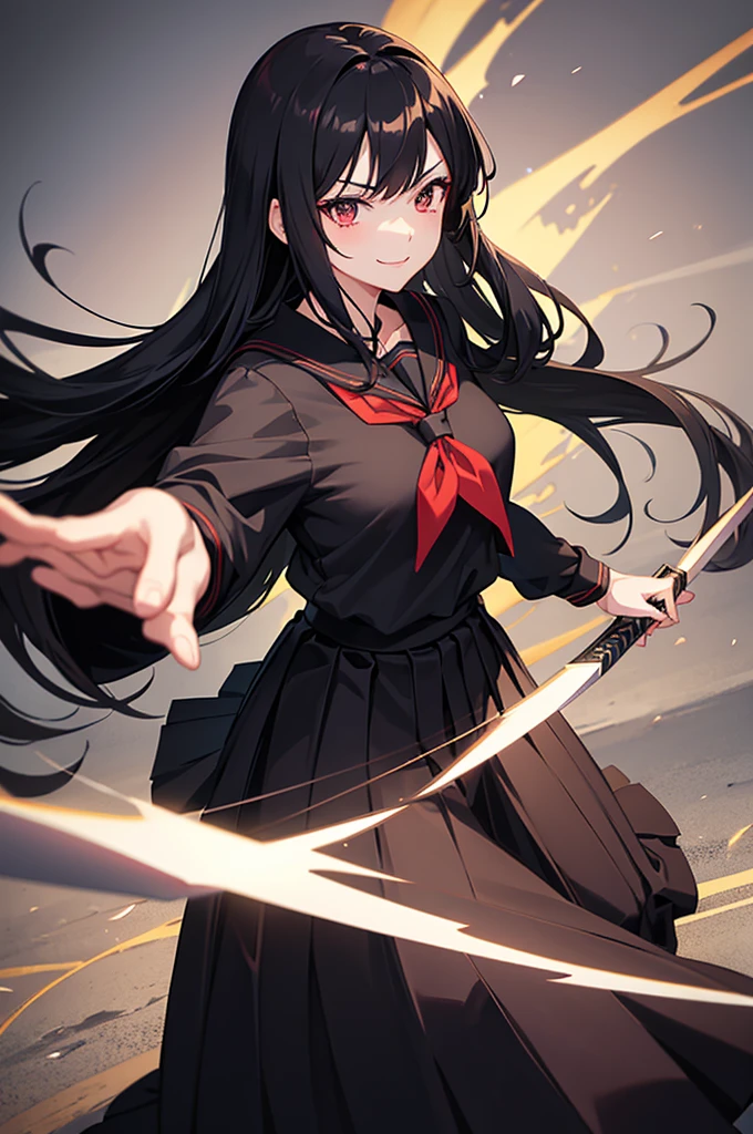 anime girl portrait, 1girl, black school uniform, long black hair, long skirt, katana over shoulder, fierce expression, smiling, red neckerchief, detailed face, intricate details, school exterior, natural lightning