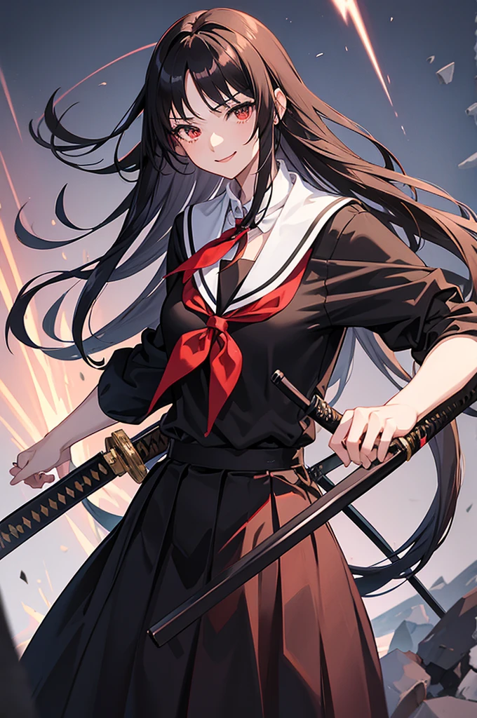 anime girl portrait, 1girl, black school uniform, long black hair, long skirt, katana over shoulder, fierce expression, smiling, red neckerchief, detailed face, intricate details, school exterior, natural lightning